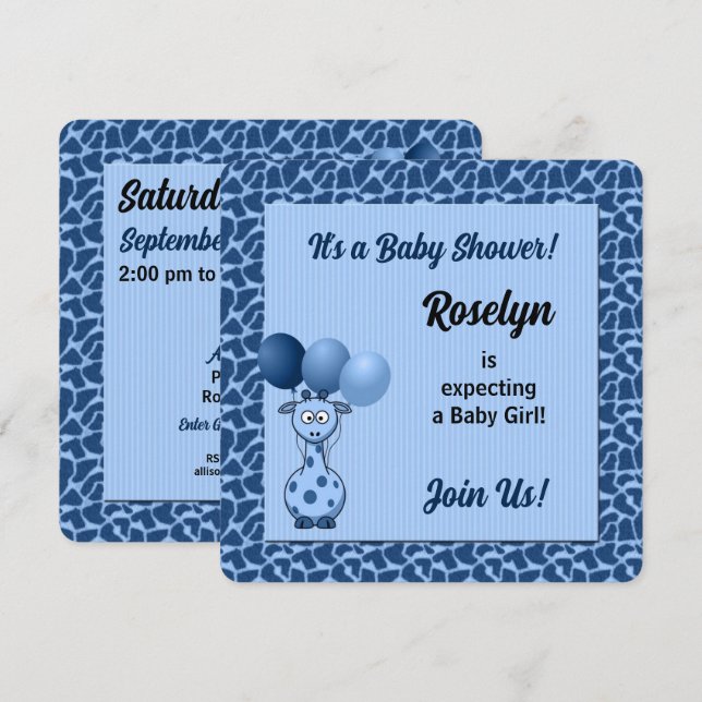 Blue Giraffe for Boys Baby Shower Einladung (Vorne/Hinten)