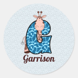 Blue Giraffe Mit Monogramm Buchstabe G mit Name Runder Aufkleber