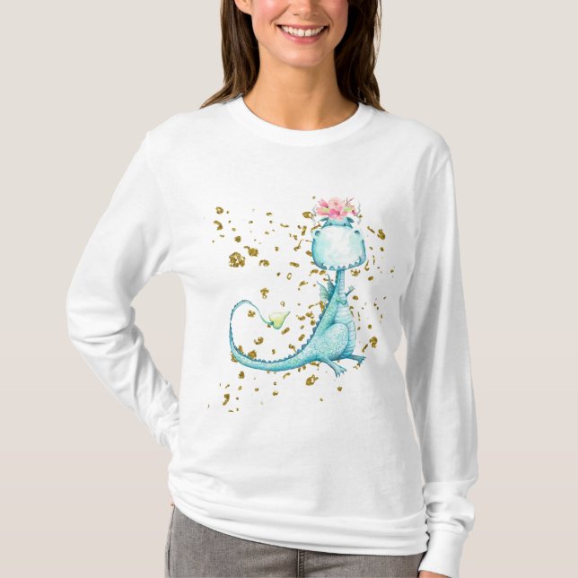 *~* Blue Girly Dragon Dinosaur Blume Glitzer T-Shirt (Vorderseite)