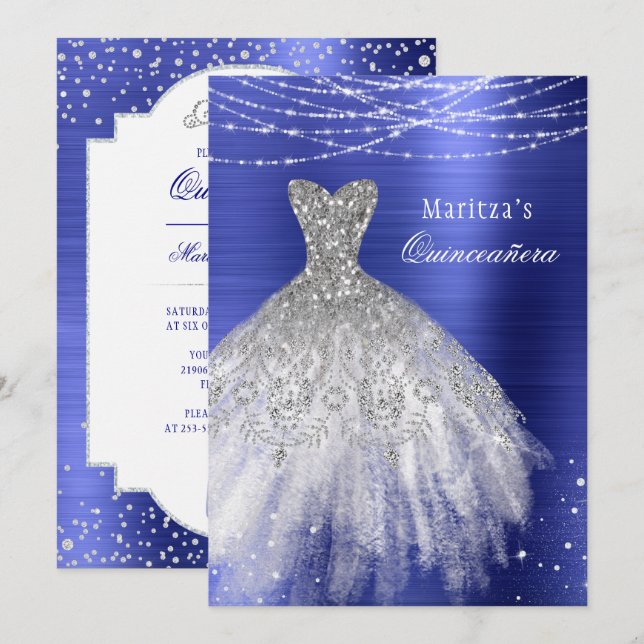Blue Glam Diamond Sparkle Quinceañera Einladung (Vorne/Hinten)