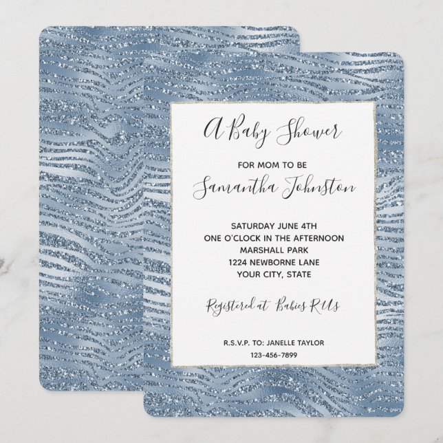 Blue Glam Glitzer Zebra Print Baby Dusche Einladung (Vorne/Hinten)