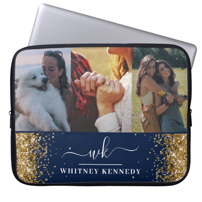 Blue Glam Gold Glitzer 3 Foto Collage Mit Monogram Laptopschutzhülle (Vorderseite)