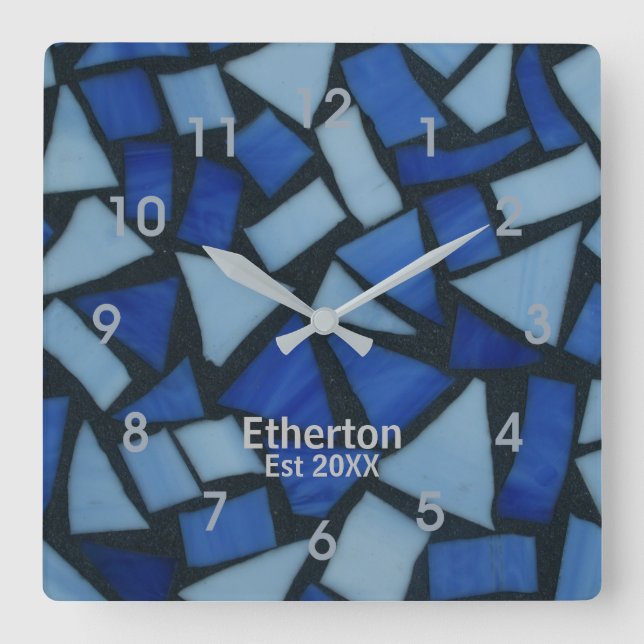 Blue Glass Mosaic Pattern Acrylic Wall Clock Quadratische Wanduhr (Vorderseite)