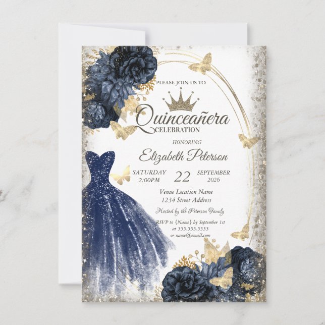Blue Glitter Dress,Roses,Butterflies Quinceañera Einladung (Vorderseite)