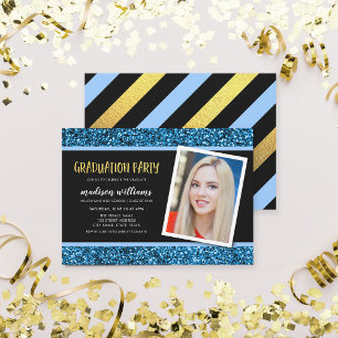 Blue Glitter Photo Graduation Party Invitation Einladung