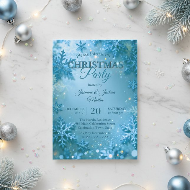 Blue Glitter Snowflake Winter Christmas Party Einladung (Von Creator hochgeladen)