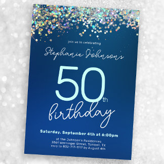 Blue Glitzer 50. Geburtstagsparty Einladung