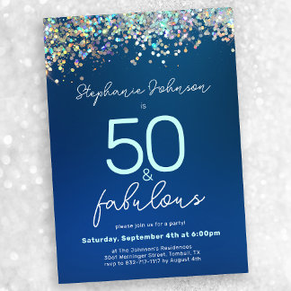 Blue Glitzer 50 und fabelhafte 50. Geburtstagspart Einladung