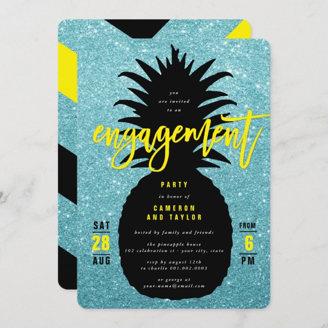 Blue Glitzer Ananas Chic Polterabend Einladung (Vorne/Hinten)