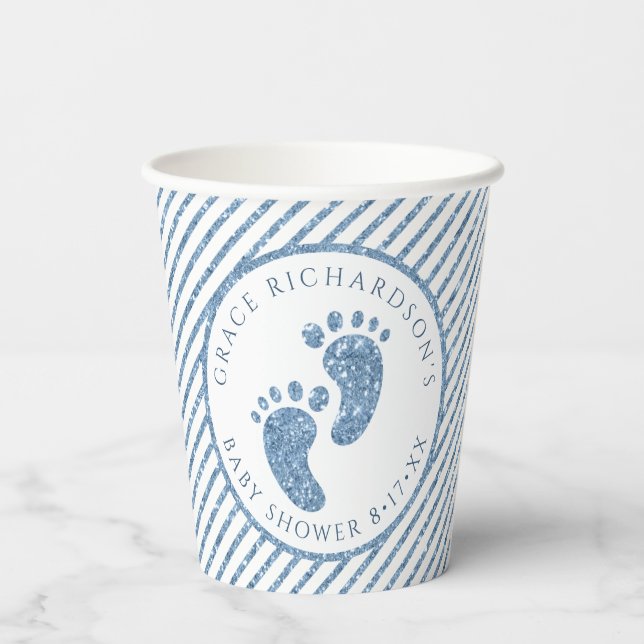 Blue Glitzer Baby Feet Babydusche Personalisiert Pappbecher (Rückseite)