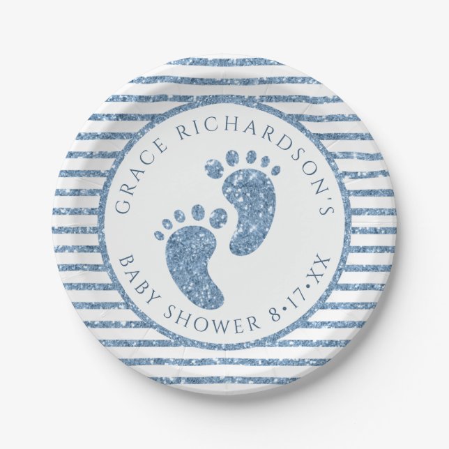 Blue Glitzer Baby Feet Babydusche Personalisiert Pappteller (Vorderseite)