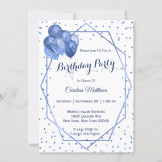 Blue Glitzer Balloons Frame Birthday Einladung