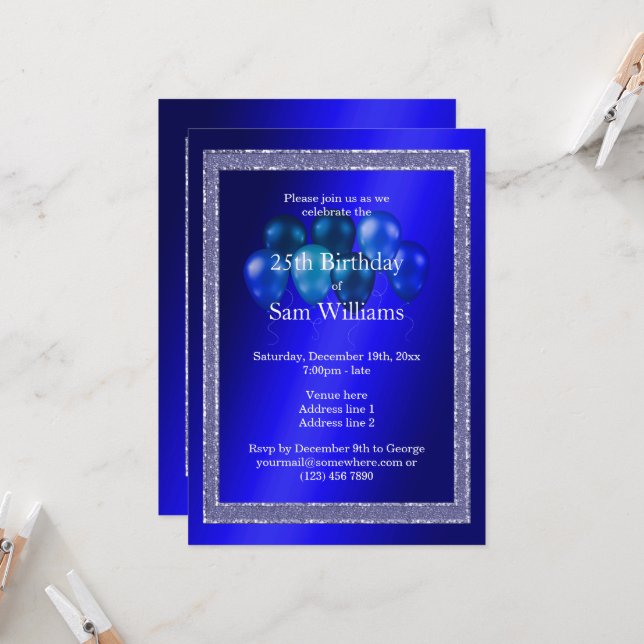 Blue Glitzer & Birthday Balloons Einladung (Vorderseite/Rückseite Beispiel)