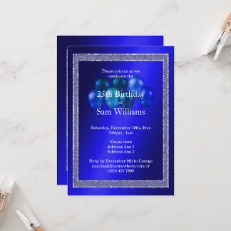 Blue Glitzer & Birthday Balloons Einladung