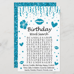 Blue Glitzer Birthday Word Search Game