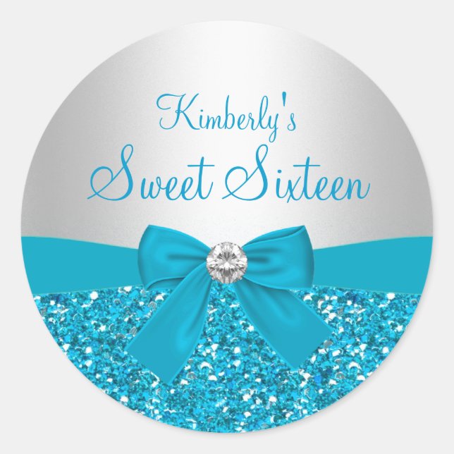 Blue Glitzer Bow 16 . Geburtstag Sticker (Vorderseite)