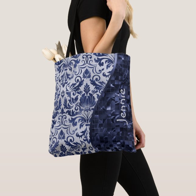 Blue Glitzer Damask Muster Glam Wave Personalisier (Von Nahem)