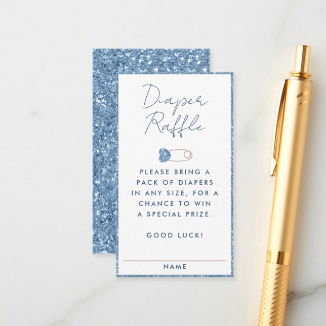 Blue Glitzer Diaper Raffle Ticket Baby Dusche Begleitkarte (Vorderseite/Rückseite Beispiel)