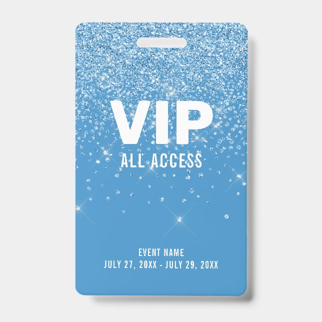 Blue Glitzer Glam VIP All Access Pass Event ID Ausweis (Vorderseite)