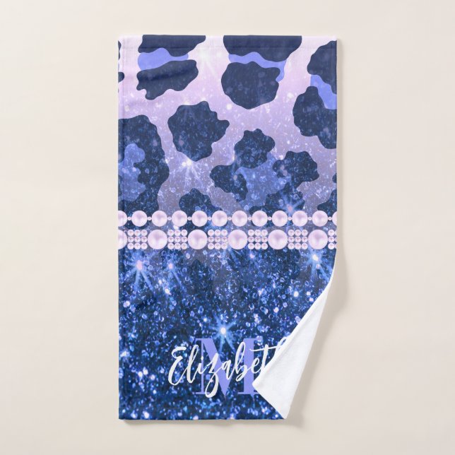 Blue Glitzer Leopard Print Badhandtuch Set (Handtuch)