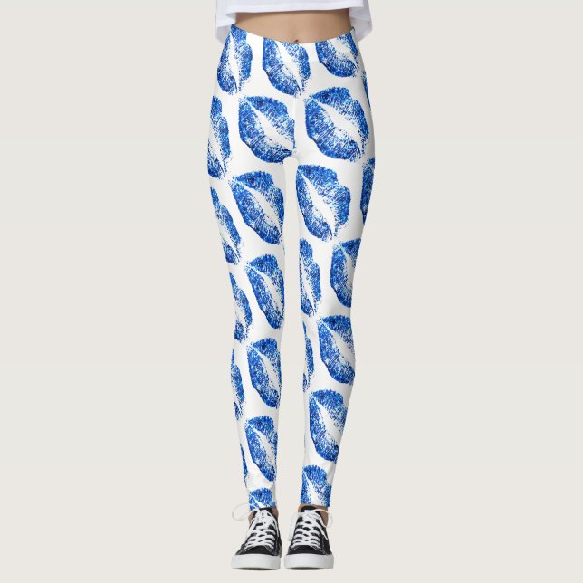 Blue Glitzer Lips Modern White Leggings (Vorderseite)