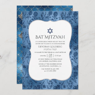 Blue Glitzer Mermaid Pattern Bat Mitzvah Einladung