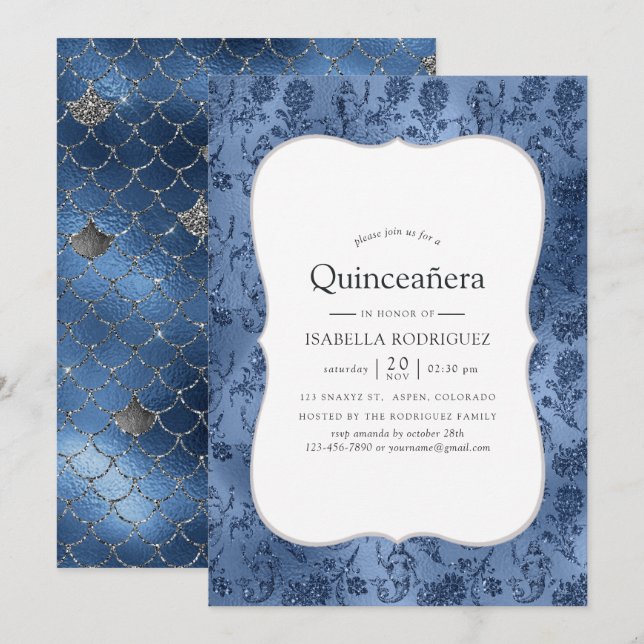 Blue Glitzer Mermaid Pattern Quinceanera Einladung (Vorne/Hinten)