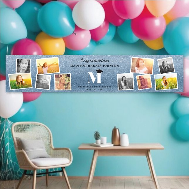 Blue Glitzer Monogram 10 Foto Graduation Party Banner (Blue Glitter Name Monogram Stylish 10 Photo Graduation Party Banner @ www.zazzle.com/color_therapy)