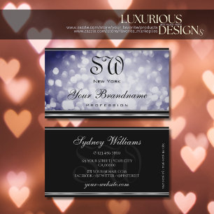 Blue Glitzer Monogram Black Silver Border Visitenkarte