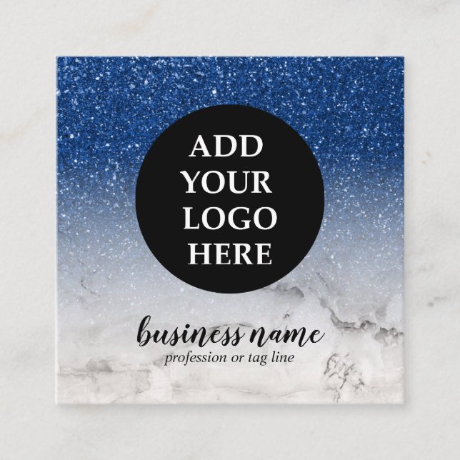 Blue Glitzer Ombre Cursive Your Logo Social Symbol Quadratische Visitenkarte (Vorderseite)
