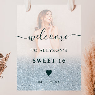 Blue Glitzer ombre Foto Sweet 16 willkommen Poster