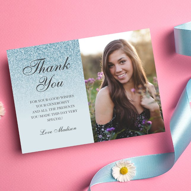 Blue Glitzer ombre Foto vielen Dank Sweet 16 Dankeskarte (Blue Glitter Thank You Card)