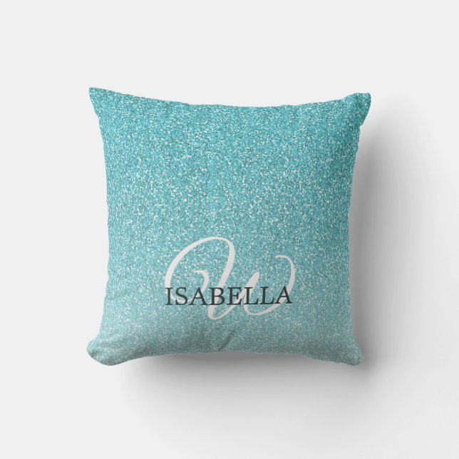 Blue Glitzer Ombre Individuelle Name Monogram Kissen (Vorderseite)