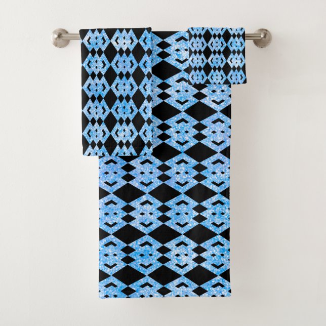 Blue Glitzer Overlap Diamond Pattern Badhandtuch Set (Insitu)