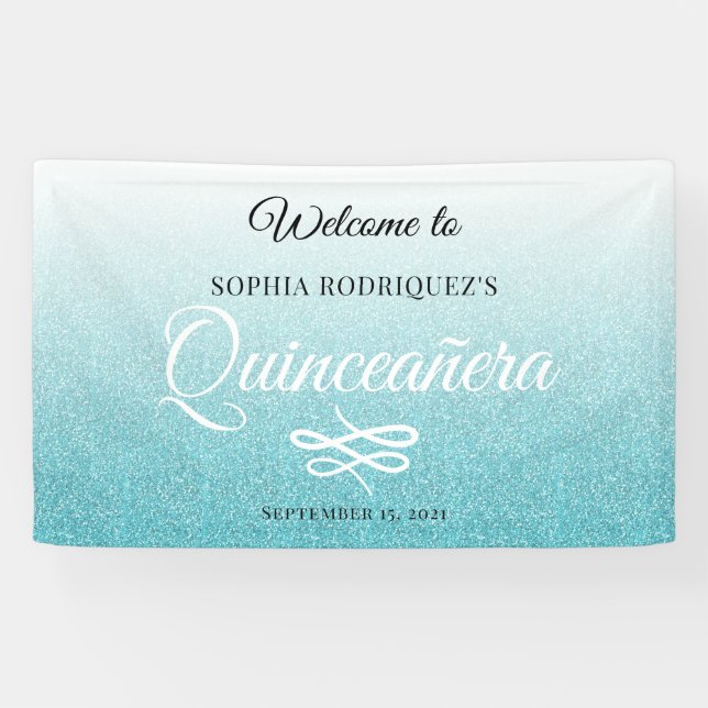 Blue Glitzer Quinceañera 15. Geburtstag Willkommen Banner (Horizontal)