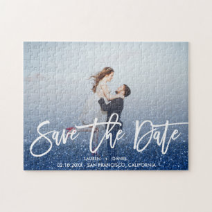 Blue Glitzer Script Foto Hochzeit speichern Sie da Puzzle