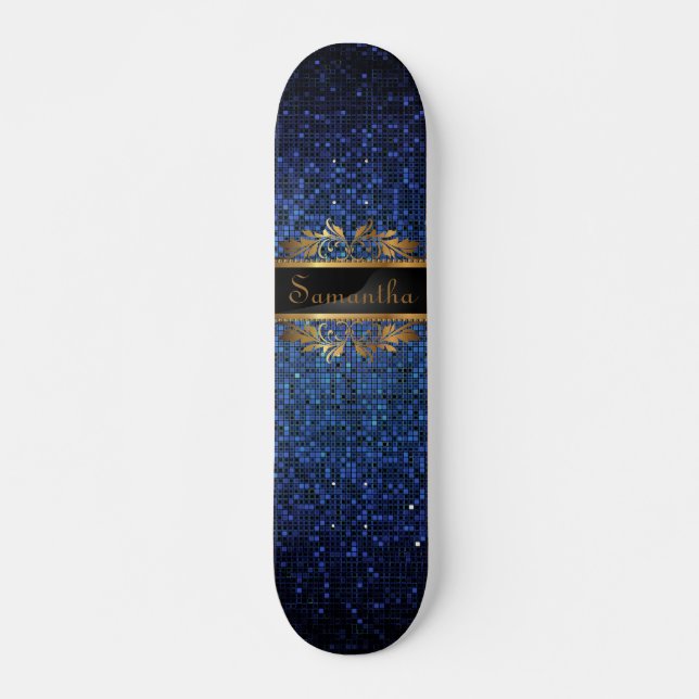 Blue Glitzer Sequin Disco Old School Skateboard (Vorne)