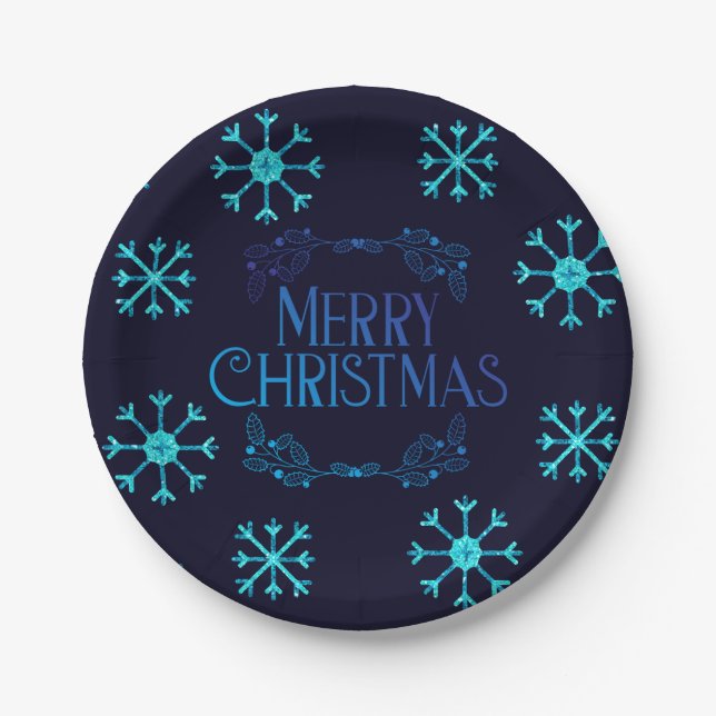 Blue Glitzer Snowflakes Pappteller (Vorderseite)