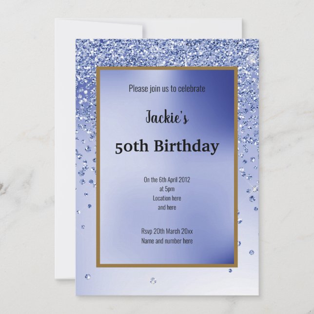 Blue Glitzer Sparkle Elegant 50. Geburtstag Einladung (Vorderseite)