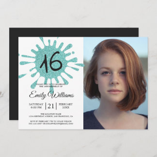 Blue Glitzer Splash Sweet 16 16. Geburtstagsparty Einladung