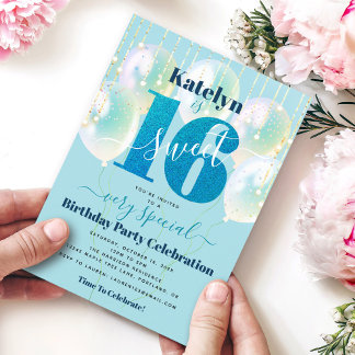 Blue Glitzer Sweet 16 Birthday Balloons Moderne Einladung