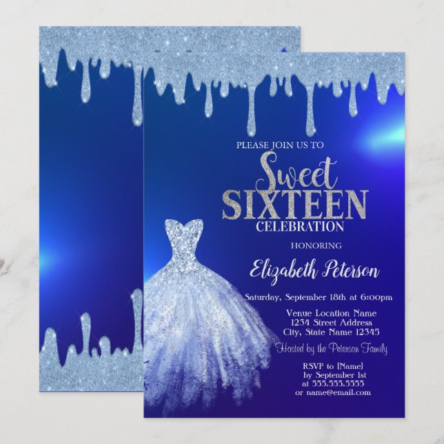 Blue Glitzer Tropfen, Dress Blue Sweet 16 Einladung (Vorne/Hinten)