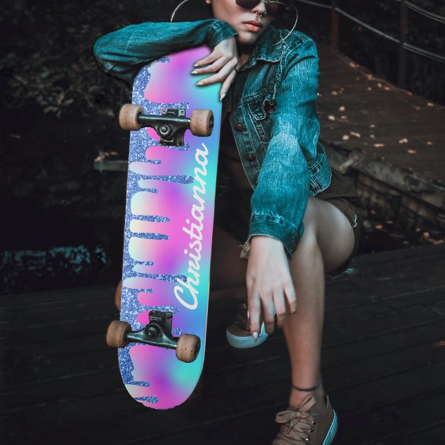 Blue Glitzer Tropfen Fluorescent Neon Pink & Lila Skateboard (Blue Glitter Drip Fluorescent Neon Pink & Purple Skateboard for Girls)