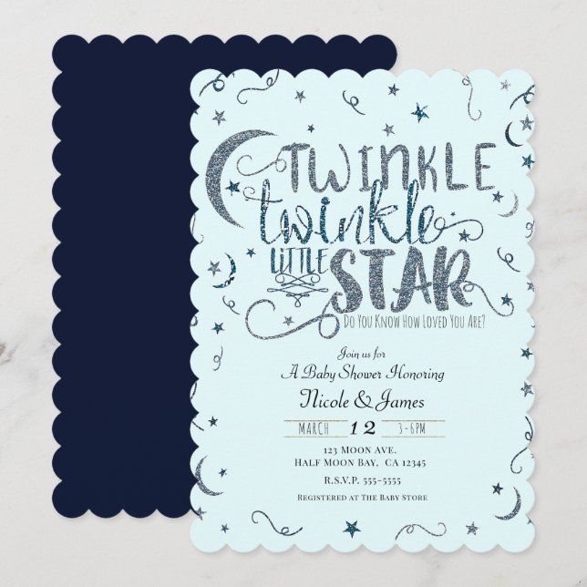 Blue Glitzer Twinkle Little Star Baby Dusche Einladung (Vorne/Hinten)