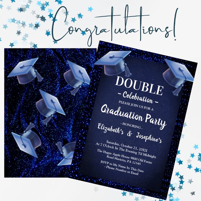 Blue Glitzer Two Graduates Double Graduation Party Einladung (Von Creator hochgeladen)