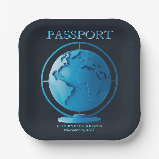 Blue Globe Passport Travel Baby Shower Pappteller (Vorderseite)