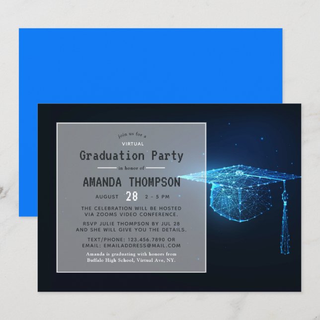 Blue Glow Futuristic Virtual Graduation Party Einladung (Vorne/Hinten)
