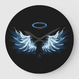 Blue Glowing Angel Wings on black background Große Wanduhr