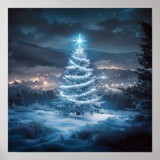 Blue Glowing Winter Night Christmas Tree Poster (Vorne)