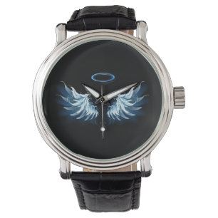 Blue Glows Angel Wings auf schwarzem Hintergrund Armbanduhr